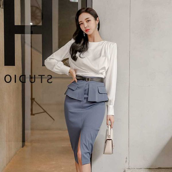 

2 piece set women suit autumn office long sleeves white shirt blouse and ruffles pencil skirts crop skirt 210529