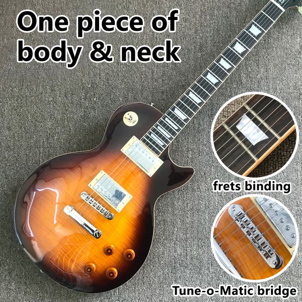 Guitarra elétrica de alta qualidade, um pedaço de pescoço do corpo, ligação de trastes, ponte tune-o-matic, guitarra escura do sunburst