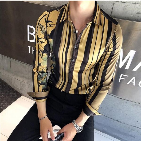 

men's casual shirts mens luxury gold high-end fashion printing long-sleeved social slim male shirt camisas para hombre, White;black