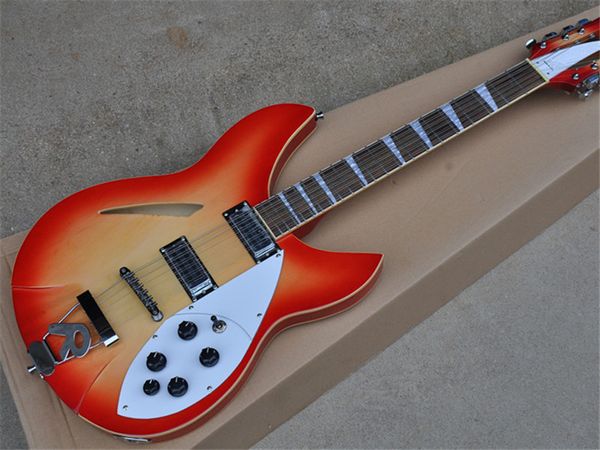 Fabrik benutzerdefinierte 12 Saiten Orange Farbe Elektrische Bassgitarre mit weißem Pickguard, Palisander-Griffbrett, Chrom-Hardware, maßgeschneiderte Dienstleistung