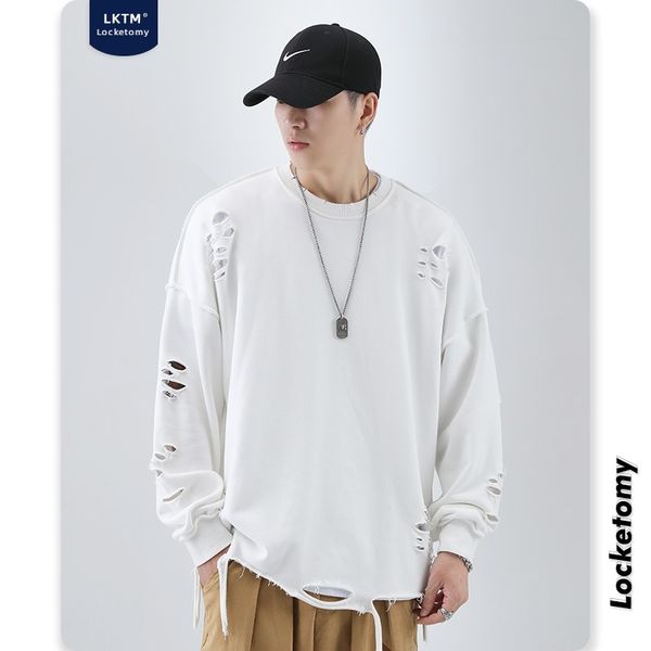 

lktm # autumn new fashion high hole loose sweater men's street hip hop long sleeve t-shirt, Black