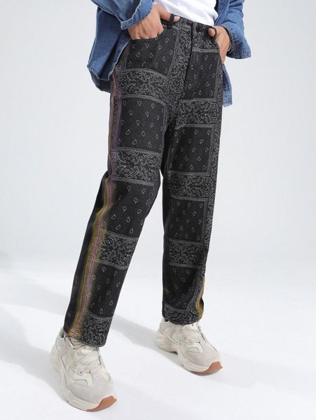 

men paisley scarf print jeans m8fr#, Blue