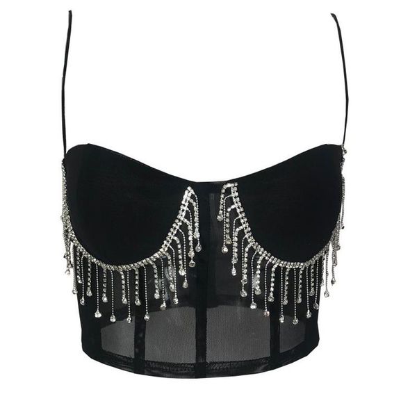 

women's tanks & camis european and american nightclub self-cultivation inlaid with rhinestone tassels sling halter vest women, White