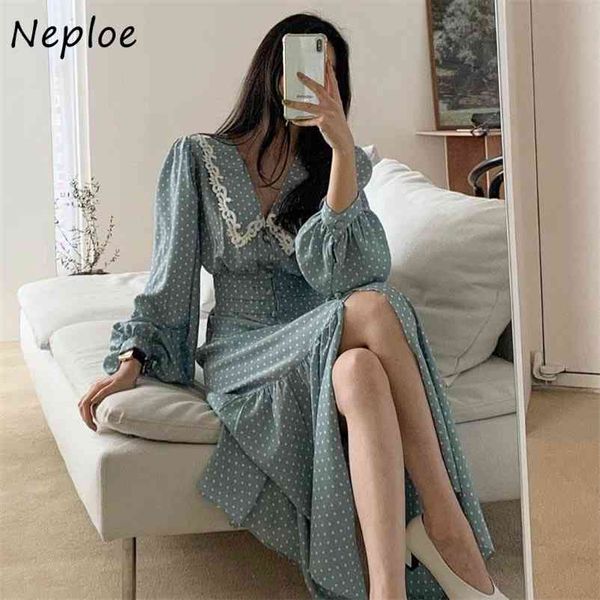 

elegant lace patchwork dress women high waist hip a line long vestidos turn down collar sleeve dot robe spring 210422, Black;gray