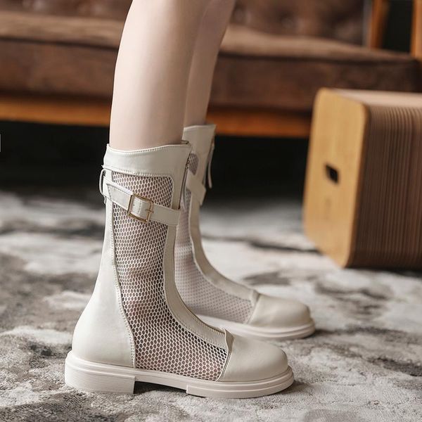 

boots woman flat round toe zipper shoes female boots-women low sandals rock leather lolita mid calf ladies mid-calf summer, Black