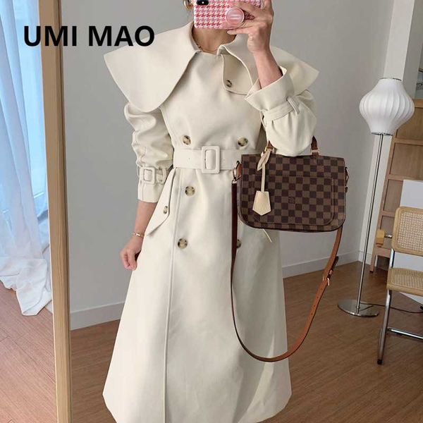 

women's trench coats umi mao korean french elegant large lapel double-breasted straight solid color over-the-knee mid-length coat, Tan;black