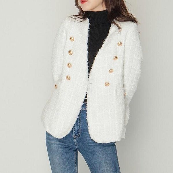 

women's suits & blazers ladies office long sleeve chic ruffles cuff tweed tassel fashion v-neck double breasted slim fit female outerwe, White;black