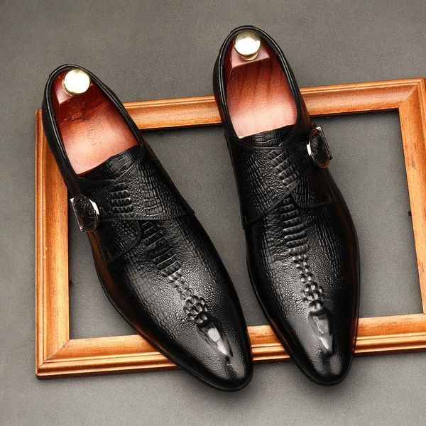 

men's business formal leather shoes male british crocodile pattern buckle wedding monk wine red dress, Black