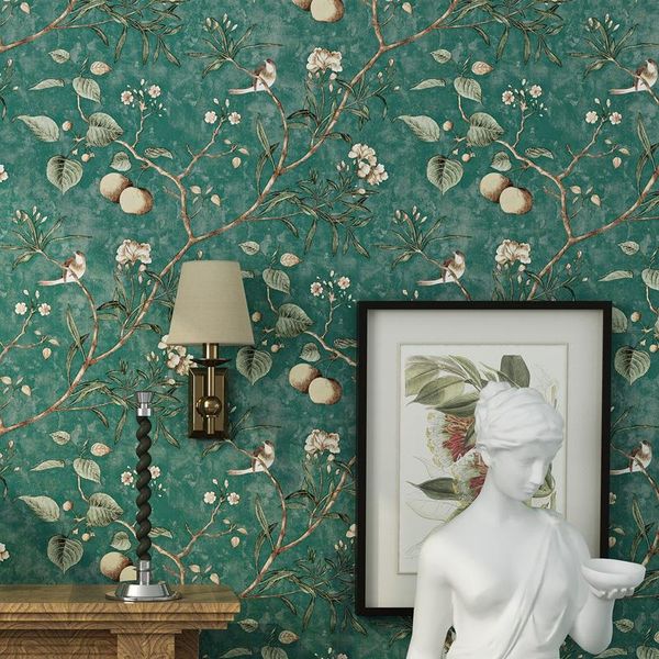 Carte da parati American Country Stile rustico Vintage Nostalgico Soggiorno Camera da letto Verde scuro Fiori e uccelli TV Back Wall Paper