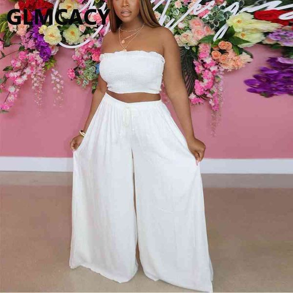 

two piece casual suits off shoulder tube & loose pants set 210702, White