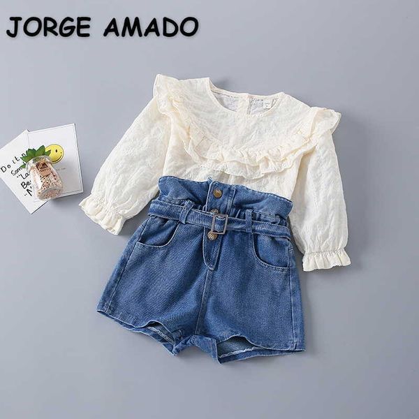 

spring kids girls 2-pcs sets solid color ruffles long puff shirts + denim shorts children fashion clothes e013 210610, White