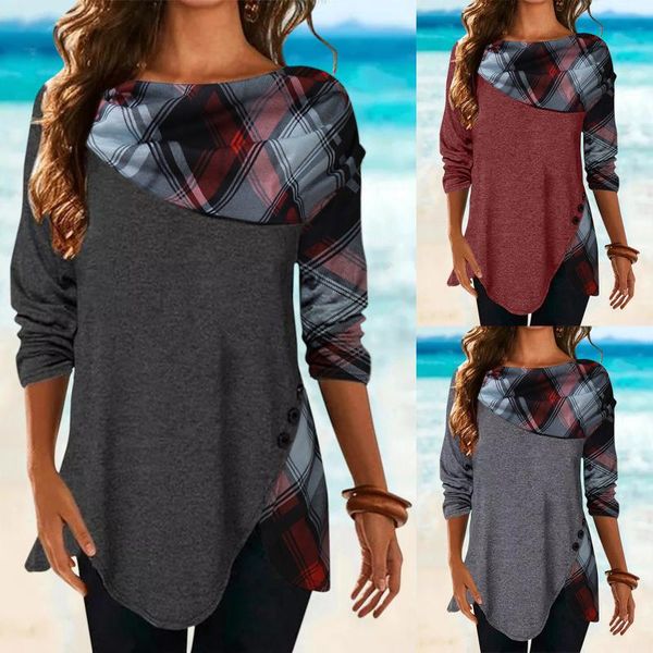 

women's t-shirt 40# female patchwork casual splicing round neck long sleeve plaid printing soild color office lady, White