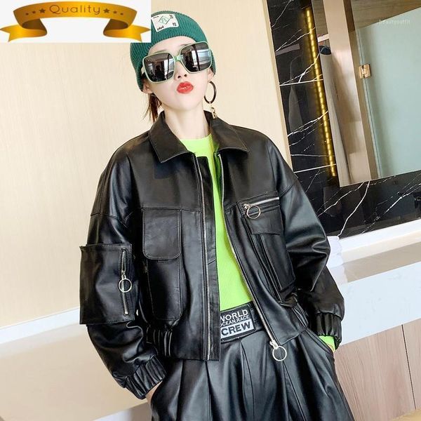 

leather genuine jaxket korean women autumn winter sheepskin coat female oversize motorcycle biker jacket 2021 kj8472 women's & faux, Black