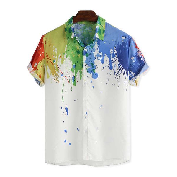 

men's colorful inkjet print summer short sleeve loose buttons hawaiian casual shirt good quality men shirts loose plus size 210527, White;black