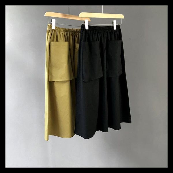 

skirts elastic waist medium long skirt with big pocket high sweetwear jupe spring autumn female korean clothes, Black