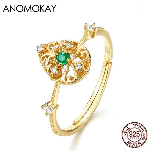 

cluster rings vintage lace vine flower water drops natural emerald gold color for engagement real sterling 925 silver adjustable ring1, Golden;silver