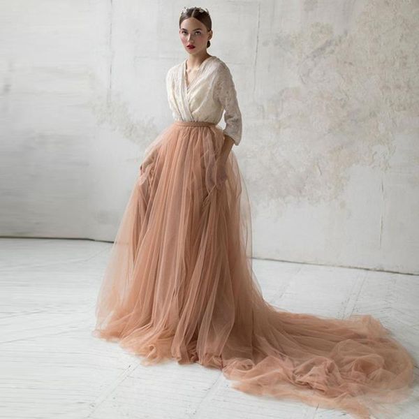 

skirts high fashion copper color bridal tulle with train a-line long bridesmaid mesh skirt wedding gust women, Black