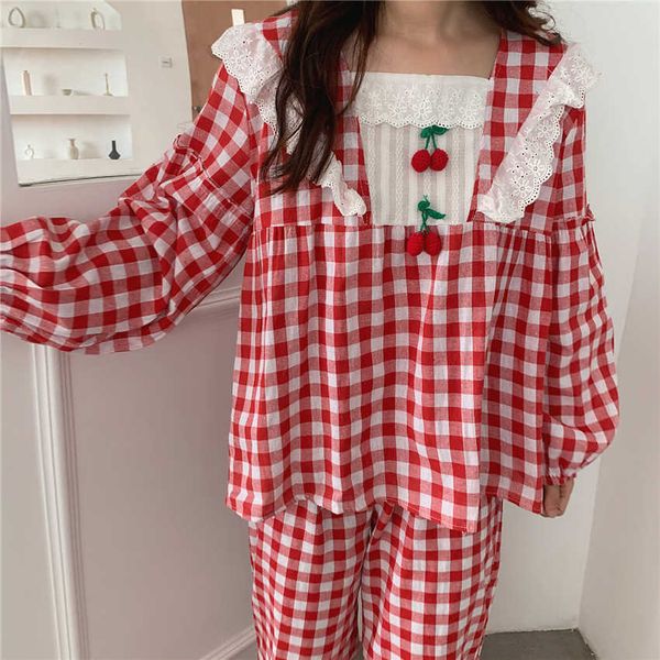 

women's sleepwear kawaii cherry appliques lace patchwork frilly plaid women pigama set 2 piece soft girls homewear summer pajama s, Black;red