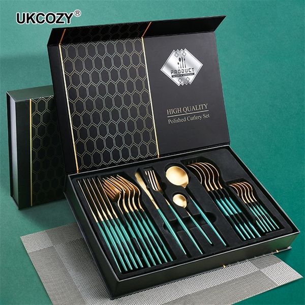 24 pcs Gold Talheres Set Forquilha Colher Cutelaria De Cutelaria De Aço Inoxidável Suporte De Aço Inoxidável Dinnerware Jantar Cozinha Feriado Caixa de Presente 210317