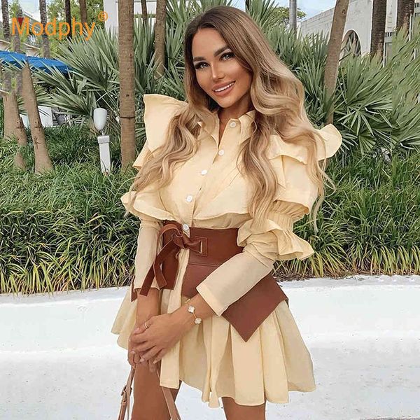 

casual dresses elegant chic women a-line fashion bubble long-sleeved ruffled belt mini party female clothing 2021 korean autumn ne, Black;gray
