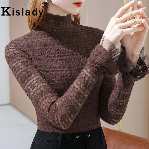 

kislady turtleneck flare sleeve gothic harajuku shirts embroidery hollow out korean winter charming clothes women's t-shirt, White