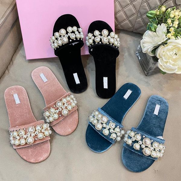 

slippers flat shoes women's fashion beautiful pearls female velvet, Black