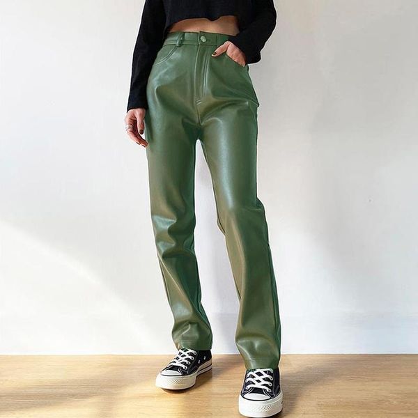 

women's pants & capris faux leather cargo women black vintage high waist pant pockets fashion straight pu trousers streetwear autumn, Black;white