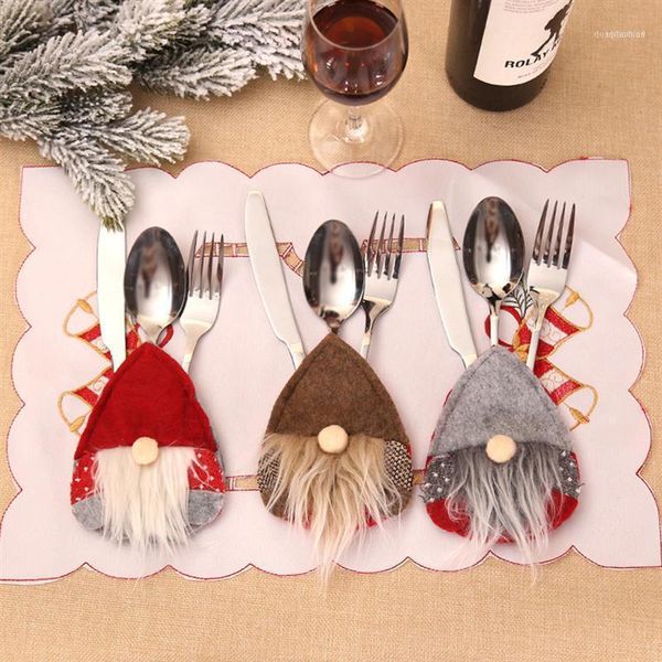 

christmas decorations knife spoon holder pocket xmas fork bag silverware pouch wine bottle cap cover for party (grey hat)1