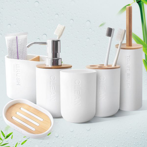 Bambu Casa de Banho Conjunto Pincel Toilet Toothpate Titular Toothbrush Copo Soap Dispenser Soap Dishwashing Acessórios 210322