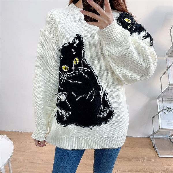 

knits reverse bottom women fashion pullovers black cat jacquard white round neck lazy oaf oversized sweater