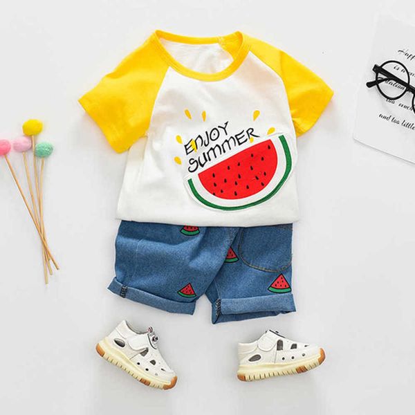

2021 fashion children's clothing 2 pieces set cotton short sleeve red yellow black suit watermelon comfortable summer clothes, White