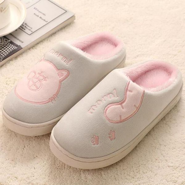 

indoor slippers for women lovely cat embroidered soft female home plush warm winter suede house shoes xx712, Black