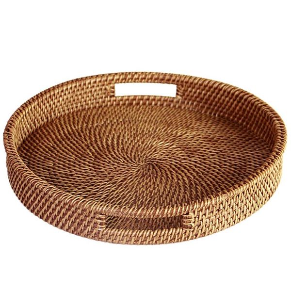

storage baskets rattan tray with handle - hand-woven multi-purpose wicker durable fiber (round 13.5 inch diameter, natural)