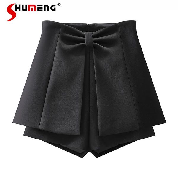 

women's shorts black bow casual for women 2021 autumn and winter loose high waist wide leg suit short pants culottes drop, White;black