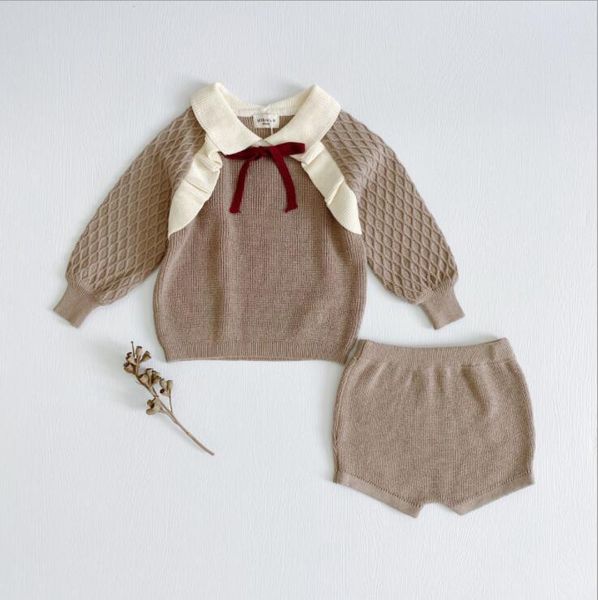 

clothing sets 2021 girls boys 2 pcs set knitted sweater +shorts cotton autumn soft fashion kids suits, White