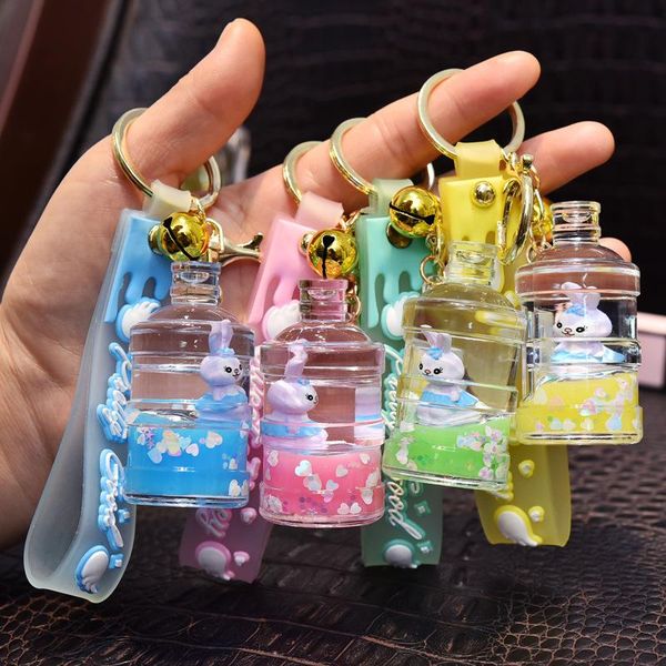 

keychains oil bottle keychain creative floating girl key chain trend acrylic bucket accessories women's bag, Silver