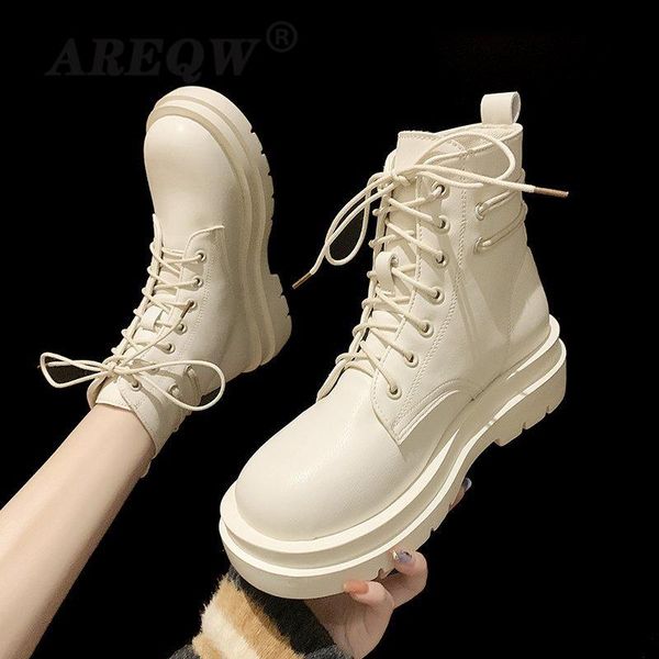 

boots women ankle spring and autumn round toe lace up platform 2021 fashion shoes for woman non-slip, Black
