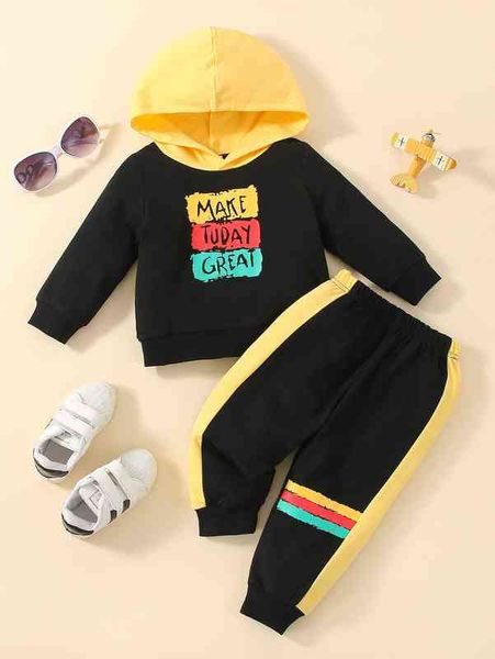 

baby slogan graphic colorblock hoodie & sweatpants she, White