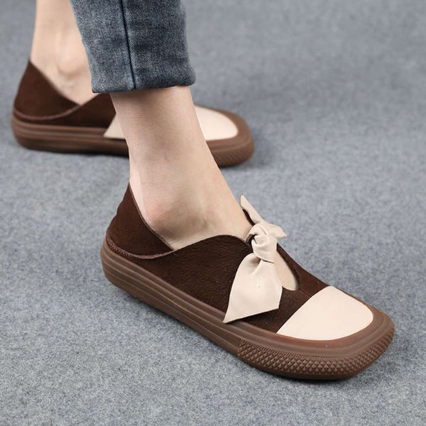 

Casual shoes Journey 2021 spring and summer new single shoes women's color matching bowknot flat bottom genuine pison board JYR7, Brown