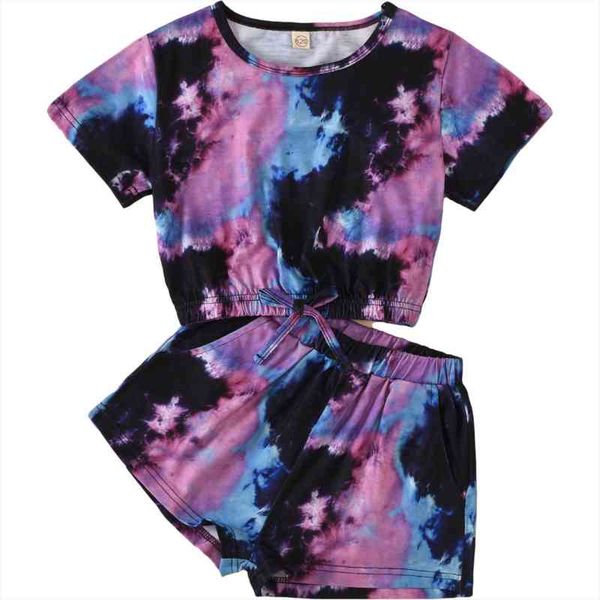 

summer kids girls suit set tie-dye print short sleeve pullover shorts purple clothes set 4-9years, White