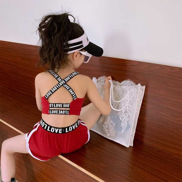 

girls' suspender vest set 2021summer new open navel short webbing and shorts two-piece set x0902, White