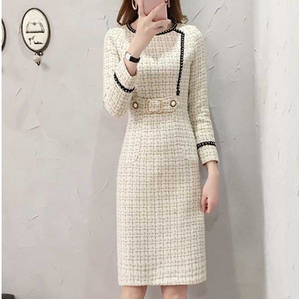 

autumn winter fashion tweed dress women vintage wool plaid es female elegant woolen ladies office work vesitdos 210529, Black;gray