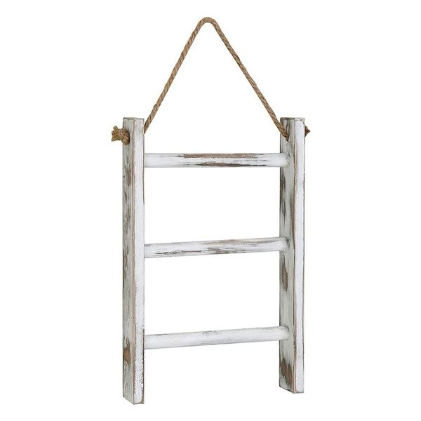 

3-tier mini whitewashed wood wall-hanging hand towel storage ladder with rope bags