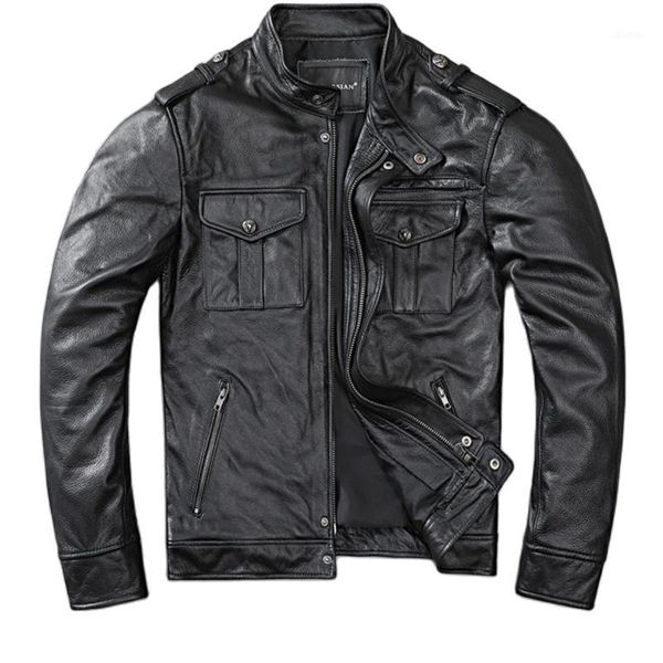 

men's leather & faux profession biker jacket genuine men motorcycle jackets zipper protective gear man cowhide coat, Black