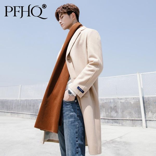 

men's wool & blends pfhq 2021 men tweed coat korean style lapel mid long solid color slim fit thickened side slit pocket ins trend clot, Black