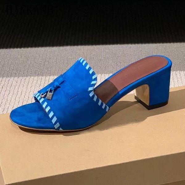 

slippers runway high heel women comfortable suede open toe slides metal lock fashion concise solide color female, Black