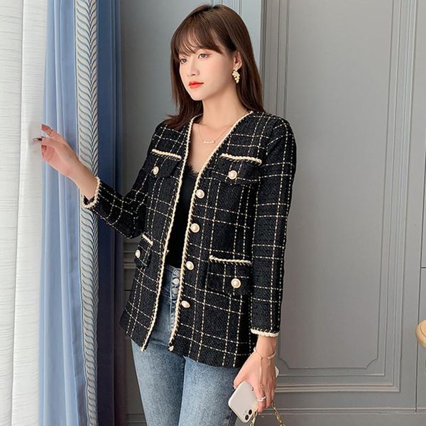 

women's jackets 2021 autumn women elegant slim long sleeve plaid jacket coat female vintage formal tweed coats black outerwear chic, Black;brown