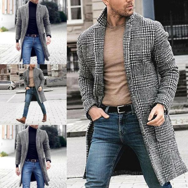 

men's wool & blends winter fashion mens long sleeve trench coat warm overcoat classic plaid outwear, Black