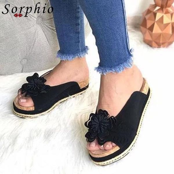 

sorphio 2021 trendy ins fretwork flowers sandals med wedges summer women comfy casual flat platform shoes woman, Black