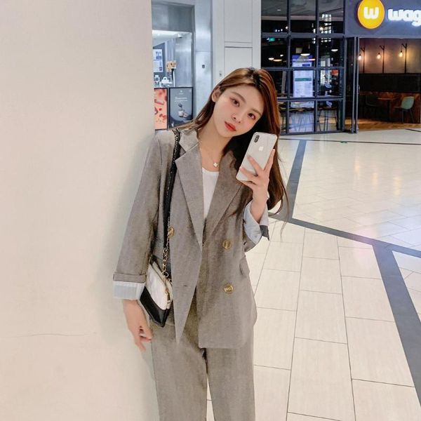 

women's two piece pants autumn and winter office suit loose double breasted pantsuit ladies korean clothes blazer fashion 2 set female, White